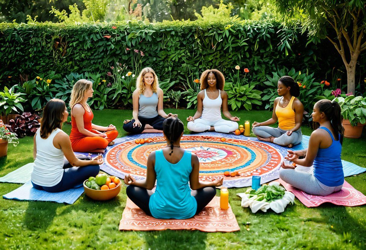 A serene and vibrant scene depicting a diverse group of women engaged in a community support circle, surrounded by healthy food like fruits and vegetables, illustrating a focus on nutrition. Incorporate symbols of self-care such as yoga mats, healing crystals, and candles. The background features a lush garden representing growth and hope. Use warm, inviting colors with a soft focus effect. super-realistic. vibrant colors.