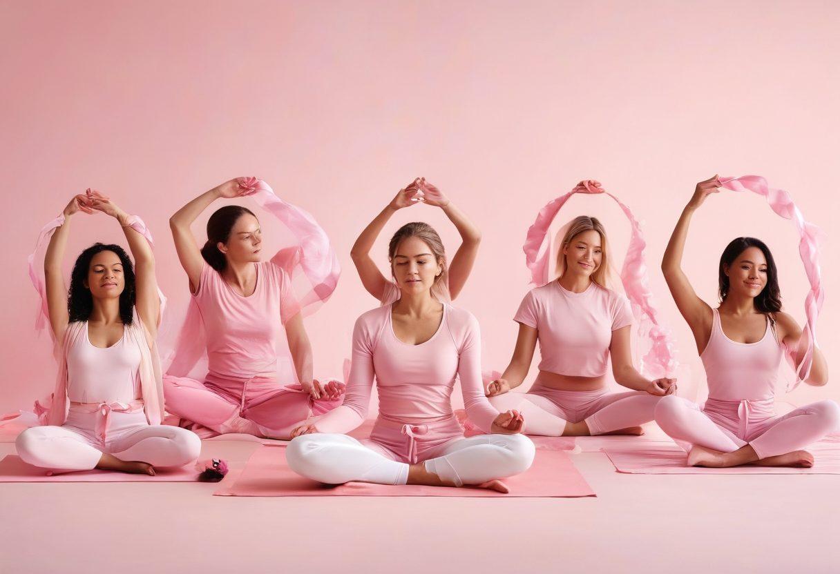 A serene scene depicting a diverse group of women of varying ages, united in support for breast cancer awareness, surrounded by a soft pink color palette. Include symbolic elements like pink ribbons, flowers, and wellness icons like yoga mats and healthy food, creating a sense of community and empowerment. Artistic touches of light and hope shine down on them, emphasizing resilience and strength. watercolor style. soft colors. uplifting atmosphere.