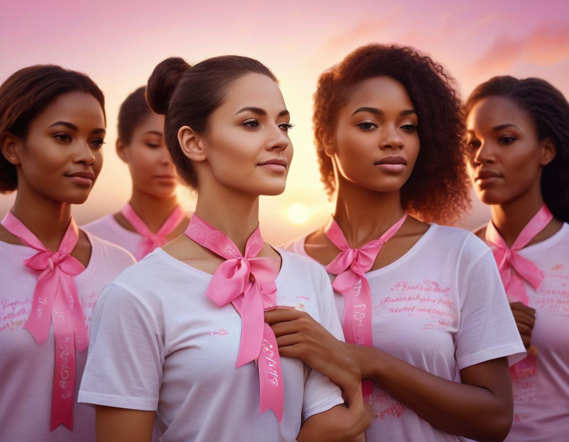 A powerful image of diverse women standing united, each holding a pink ribbon symbolizing breast cancer awareness. The background features a soft sunrise, representing hope and empowerment, while the women exhibit determination and strength in their expressions and posture. Incorporate elements like floral patterns and uplifting quotes around the edges to inspire action and camaraderie. super-realistic. vibrant colors. soft background.